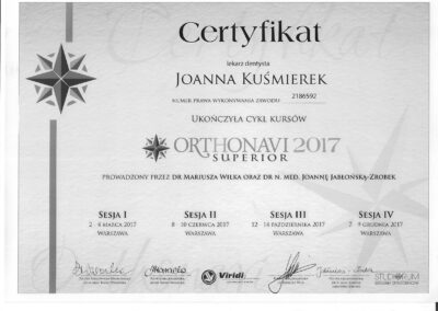 Certyfikat ukończenia cyklu kursów ORTHONAVI prowadzony przez DR Mariusz Wilk oraz DR N.Med. Joannę Jabłońską-Zrobek