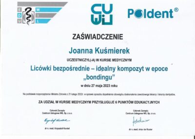 Certyfikat Szkolenia- Licówki bezpośrednie - idealny kompozyt w epoce bondingu