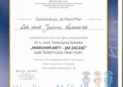 Certyfikat Szkolenia- Mikroimplanty - jak zacząć