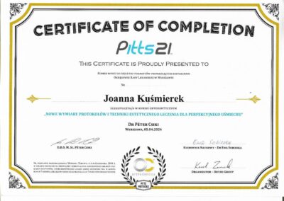 Certyfikat Szkolenia- Nowe wymiary protokołów i techniki estetycznego leczenia dla perfekcyjnego uśmiechu