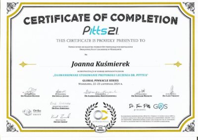 Certyfikat Szkolenia- Zaawansowane stosowanie protokołu leczenia dr. Pittsa