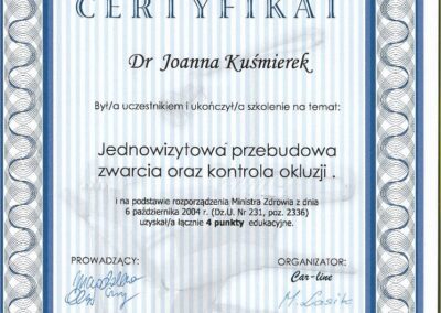 Certyfikat Szkolenia- jednowizytowa przebudowa zwarcia oraz kontrola okluzji