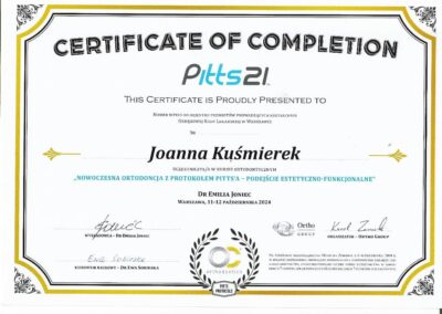 Certyfikat Szkolenia- nowoczesna ortodoncja z protokołem pittsa - podejście estetyczno-funkcjonalne