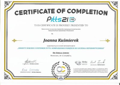 Certyfikat Szkolenia- sekrety sukcesu z systemem Pitts, kompleksowe podejście do leczenia ortodontycznego